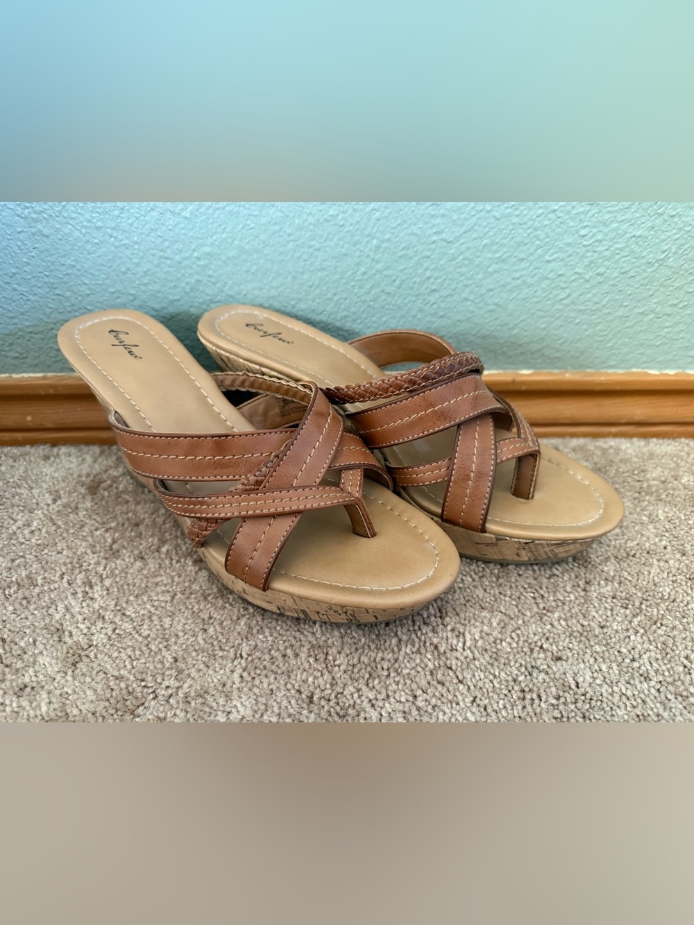 Women's Brown Wedge Sandals - Comfort Cross-Strap Slide